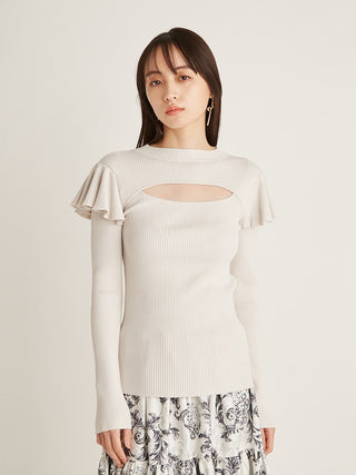 Decollete Open Pleated Knit Long Sleeve Top in ivory, Premium Fashionable Women's Tops Collection at SNIDEL USA