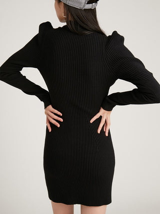  Sustainable Pencil Cut Rib Knit Mini Dress in black, premium women's dress at SNIDEL USA