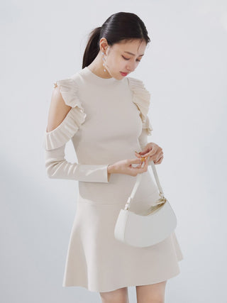  Open Shoulder Frill Mini Knit Dress in ivory, premium women's dress at SNIDEL USA
