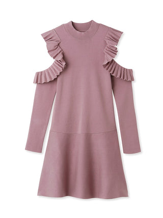 Open Shoulder Frill Mini Knit Dress in pink, premium women's dress at SNIDEL USA