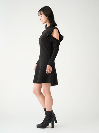 Open Shoulder Frill Mini Knit Dress in black, premium women's dress at SNIDEL USA