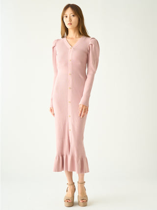 Sustainable Button Down Puff Sleeve Knit Maxi Dress in pink, premium women's dress at SNIDEL USA