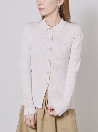  Sustainable Collar Ribbed Long Sleeve Knit Top in off-white, Premium Fashionable Women's Tops Collection at SNIDEL USA