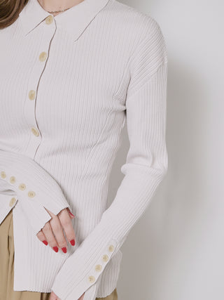  Sustainable Collar Ribbed Long Sleeve Knit Top in off-white, Premium Fashionable Women's Tops Collection at SNIDEL USA