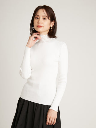  High Neck Long Sleeve Knit Top in white, Premium Fashionable Women's Tops Collection at SNIDEL USA