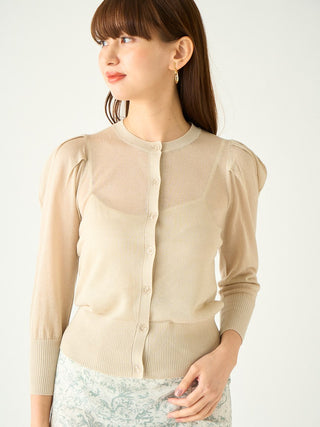 SNIDEL USA made this Sparkle Sheer Knit Cardigan. A sheer knit cardigan with puffy sleeves. A sheer knit that feels and looks like elegant lame.