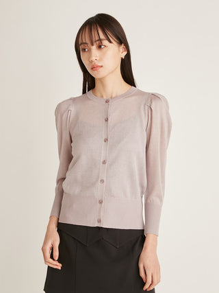 SNIDEL USA made this Sparkle Sheer Knit Cardigan. A sheer knit cardigan with puffy sleeves. A sheer knit that feels and looks like elegant lame.