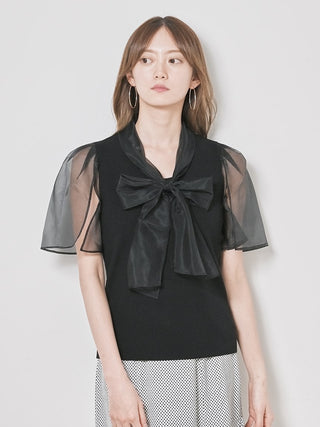  Bowtie Sheer Sleeve Knit Top in black, Premium Fashionable Women's Tops Collection at SNIDEL USA