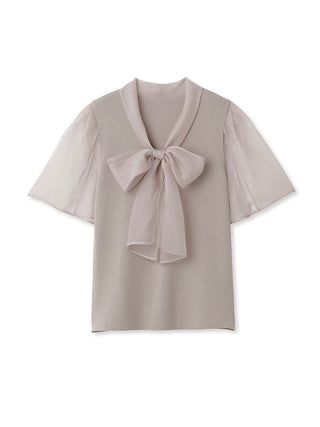  Bowtie Sheer Sleeve Knit Top in pink beige, Premium Fashionable Women's Tops Collection at SNIDEL USA