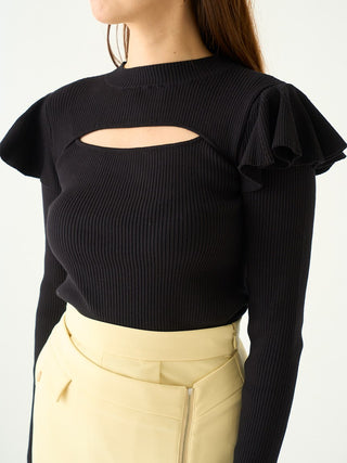 Decollete Open Pleated Knit Long Sleeve Top in black, Premium Fashionable Women's Tops Collection at SNIDEL USA