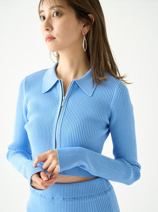 Sustainable Long Sleeve Zip Up Knit Crop Top in blue, Premium Fashionable Women's Tops Collection at SNIDEL USA