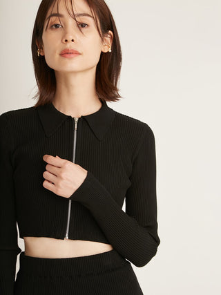 Sustainable Long Sleeve Zip Up Knit Crop Top in black, Premium Fashionable Women's Tops Collection at SNIDEL USA