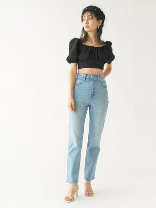 Puff Sleeve Cropped Knit Tops in black, Premium Fashionable Women's Tops Collection at SNIDEL USA