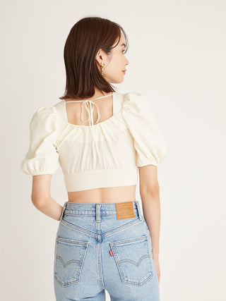 Puff Sleeve Cropped Knit Tops in white, Premium Fashionable Women's Tops Collection at SNIDEL USA