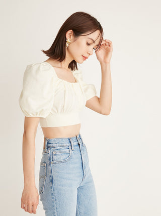 Puff Sleeve Cropped Knit Tops in white, Premium Fashionable Women's Tops Collection at SNIDEL USA