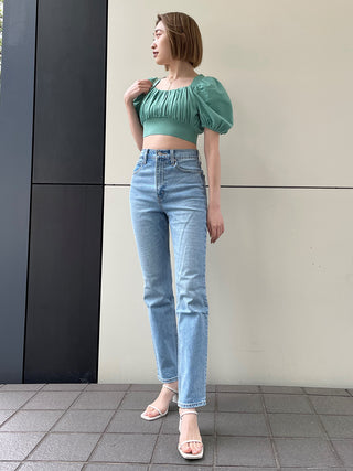 Puff Sleeve Cropped Knit Tops in mint, Premium Fashionable Women's Tops Collection at SNIDEL USA