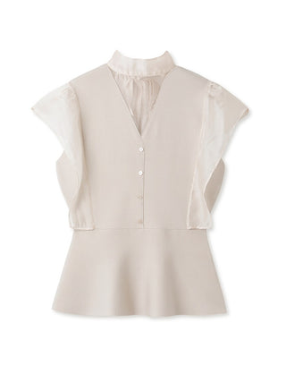 Sustainable Sheer Bowtie Peplum Knit Pullover in ivory, Premium Fashionable Women's Tops Collection at SNIDEL USA