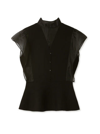  Sustainable Sheer Bowtie Peplum Knit Pullover in black, Premium Fashionable Women's Tops Collection at SNIDEL USA