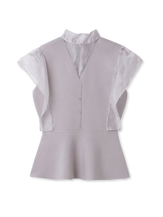  Sustainable Sheer Bowtie Peplum Knit Pullover in gray beige, Premium Fashionable Women's Tops Collection at SNIDEL USA