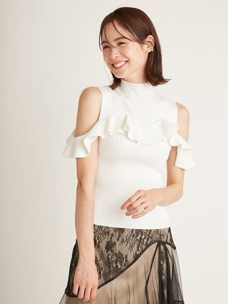  Ruffles Open Shoulder Knit Tops in ivory, Premium Fashionable Women's Tops Collection at SNIDEL USA