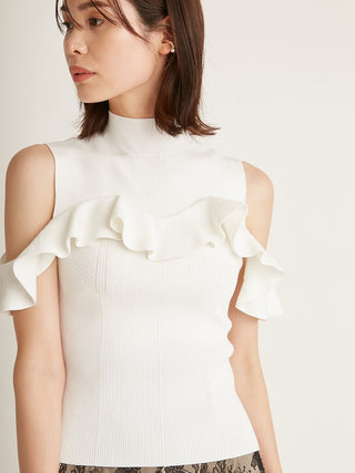  Ruffles Open Shoulder Knit Tops in ivory, Premium Fashionable Women's Tops Collection at SNIDEL USA