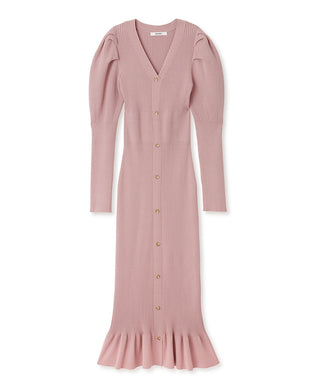 Sustainable Button Down Puff Sleeve Knit Maxi Dress in pink, premium women's dress at SNIDEL USA