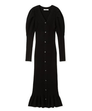 Sustainable Button Down Puff Sleeve Knit Maxi Dress in black, premium women's dress at SNIDEL USA